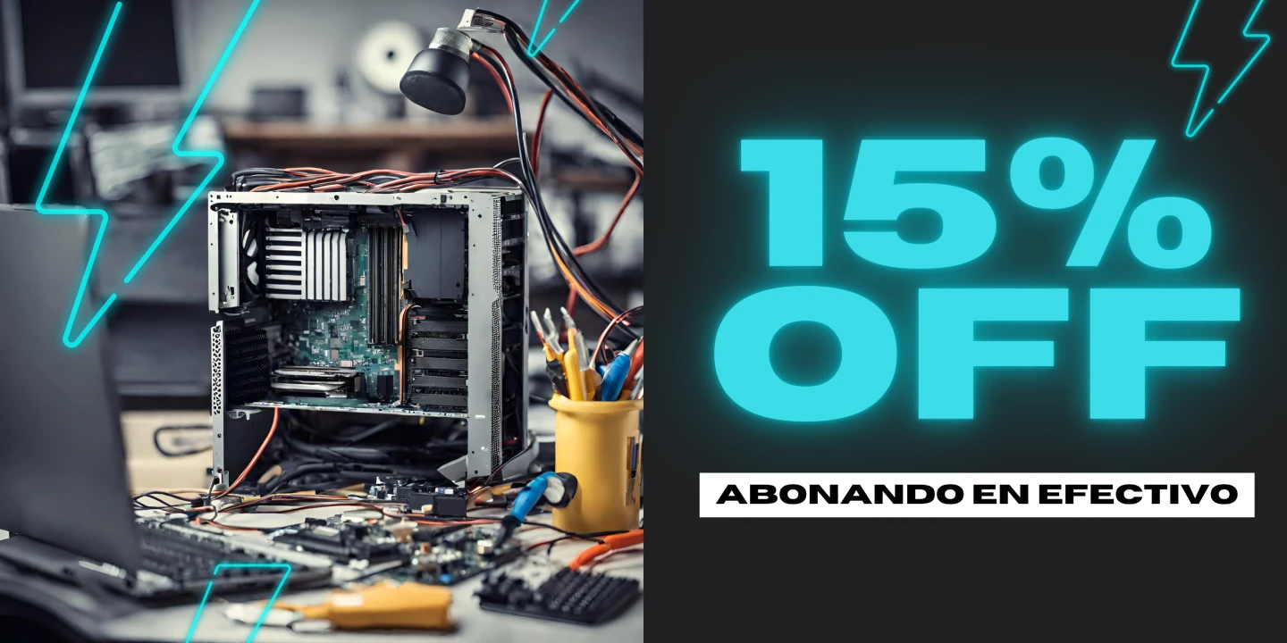 una PC en un taller de reparación, y un banner de 15% OFF si abonás en efectivo
