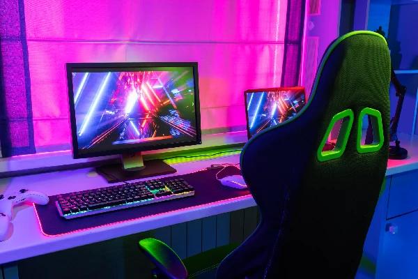 Set up Gaming con leds de colores en tonos fucsia y purpura